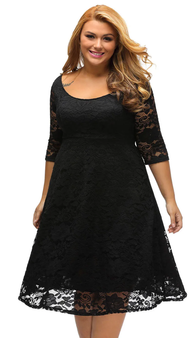 Black-Floral-Lace-Sleeved-Fit-and-Flare-Curvy-Dress-LC61395-2-3