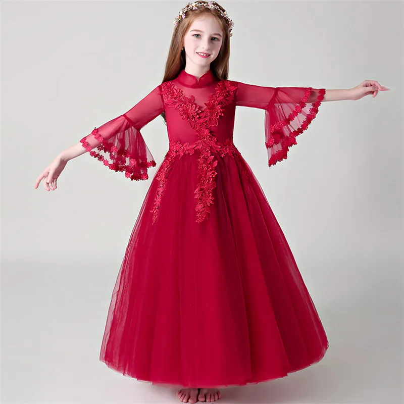 

Children Girls Elegant Luxury Wine-Red Princess Flower Birthday Wedding Party Dress Kids Flare Sleeves Standing Collar MeshDress