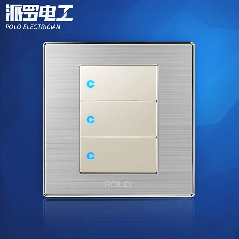 

Wholesale POLO Luxury Wall Switch Panel, Light Switch,3 Gang 2 Way,Champagne/Black,Push Button LED Switch,16A,110~250V, 220V
