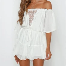 Белые кружевные летние городские женские шорты с открытыми плечами, женские элегантные комбинезоны с открытой спиной и рюшами, сексуальные шорты, комбинезоны, комбинезоны