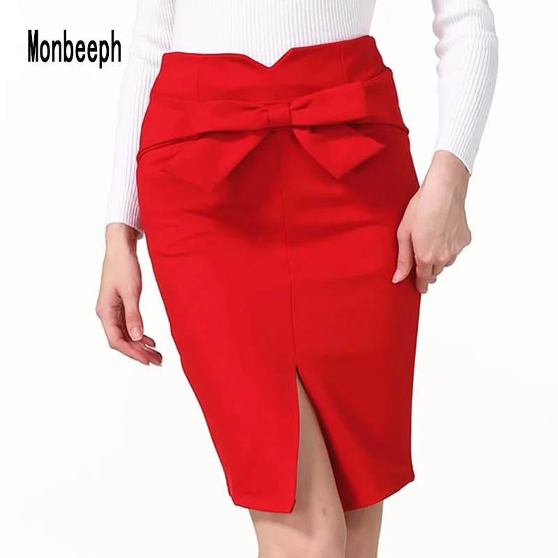 

Women Pencil Skirt Plus Size Spring Autumn New Fashion Knee Length High Waist Casual Bodycon Skirt Elegant Open Slit Bow Skirt