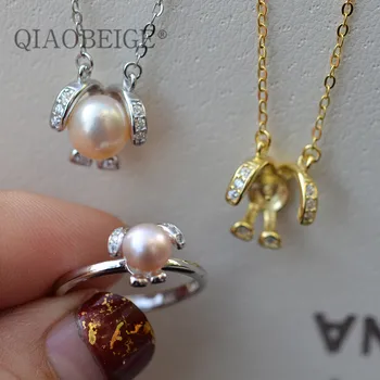 

QIAOBEIGE New Handmade diy accessories S925 sterling silver dog shaped small pearl ring with pearl accessories