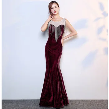 

Red Velvet Diamond Tassels Tank Sleeveless Long Mermaid Nightclub Hot Sexy Dress Women Dresses Evening Party Special Occasion