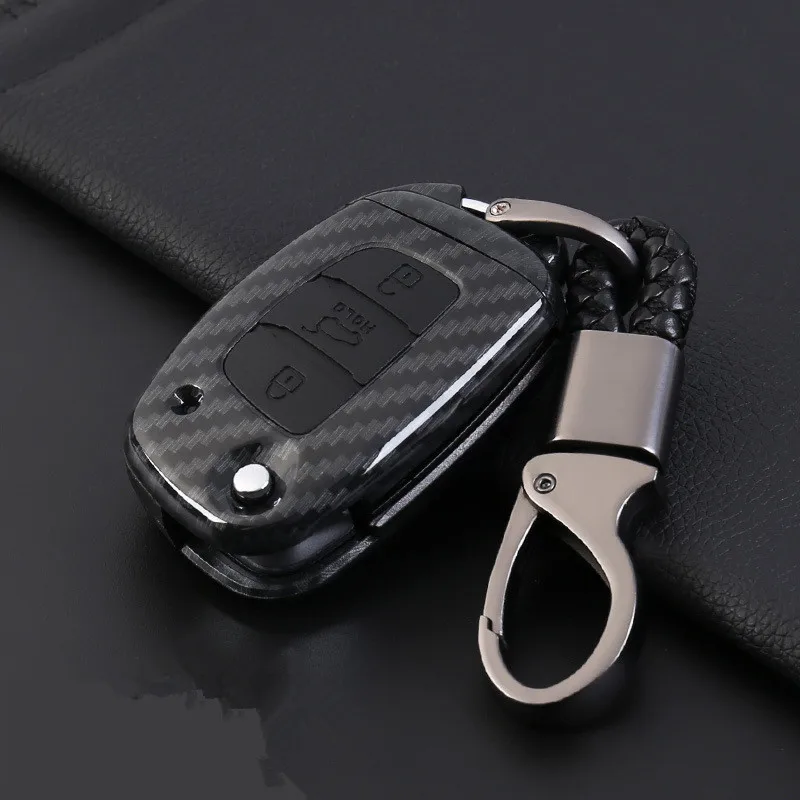 ABS-Carbon-Fiber-Shell-Silicone-Cover-Remote-Key-Holder-Fob-Case-KeyChain-For-Hyundai-Elantra-Tucson