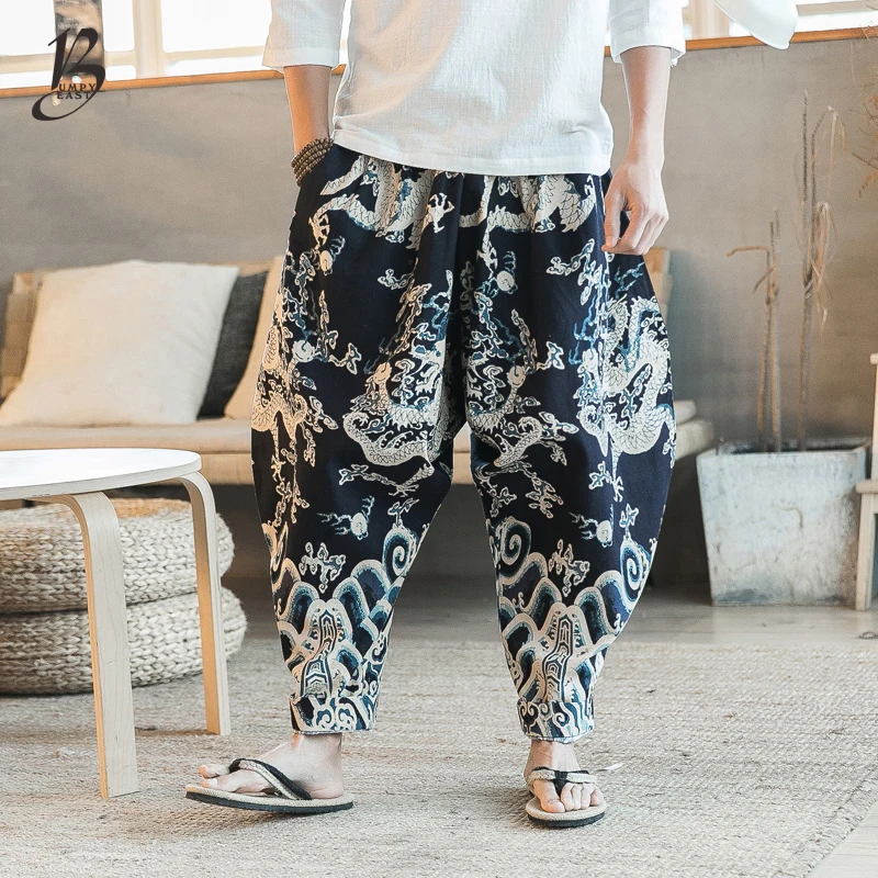Plue Size Men's Print Cotton Big Drop Crotch Pants Hippy Harem Loose Full Length Trousers Casual Baggy harem Pants 3XL