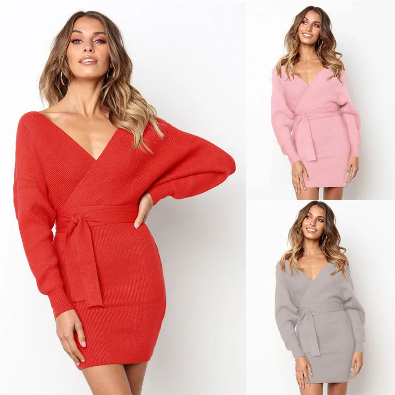 

Women Dress Sexy Deep V Solid Color Long Sleeve Autumn Winter Bodycon Dress Hollow Out Design Ladies Party Bandage Dress