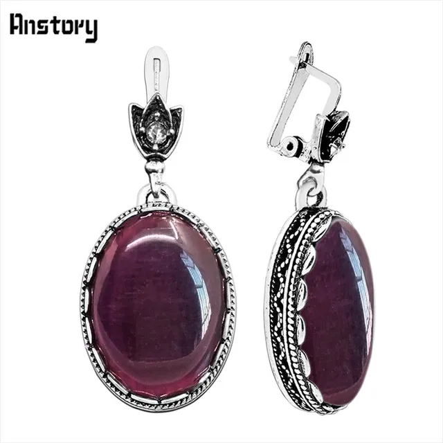 Dark Red Oval Opal Earrings For Women Antique Silver Plated Dark Red Oval Opal Earrings For Women Antique Silver Plated Party Hollow Flower Pendant Fashion