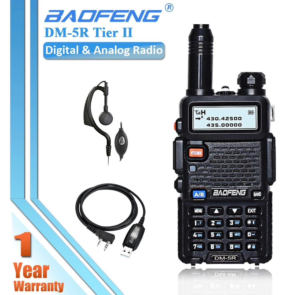 

Baofeng DM-5R Walkie Talkie DMR Tier II Two Way Digital Radio Dual Band CB Transceiver 128 CH VHF UHF + Free Programming Cable