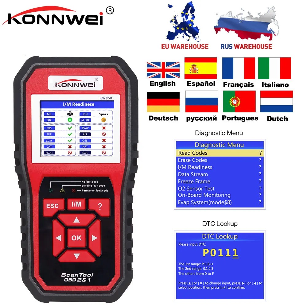 Автоматический сканер KONNWEI KW850 полный obd2 obdii диагностический инструмент Поддержка нескольких языков один клик обновление кВт 850 лучше, чем AL519