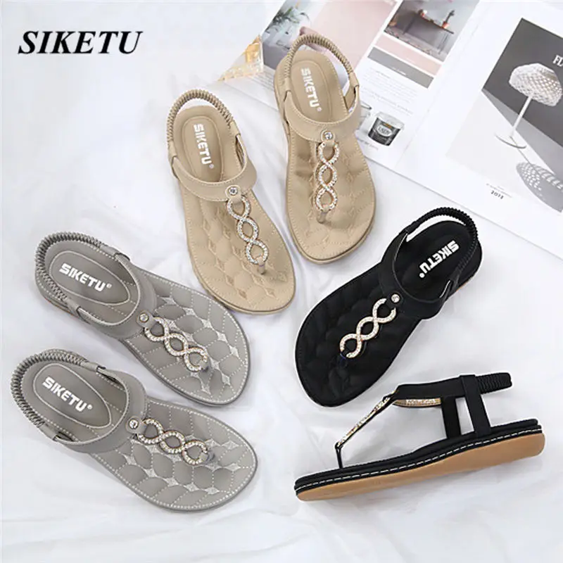 

SIKETU Fashion Women Bohemia Girls Metal Buckle Rhinestone Flat Sandals Outdoor Shoes sandales femme 2019 shoes woman Summer @W