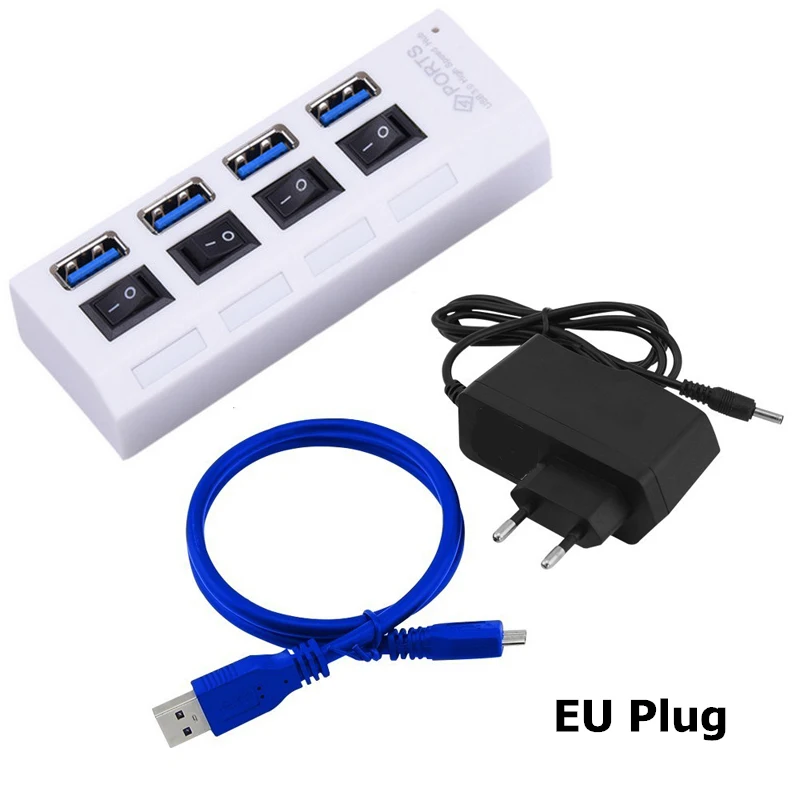 White and EU Adapter Мини usb-хаб 3,0 Супер скорость 5 Гбит/с 4 порта Портативный Micro USB 3,0 концентратор разветвитель с внешним 5В 2A адаптер питания аксессуары для ПК - Цвет: White and EU Adapter