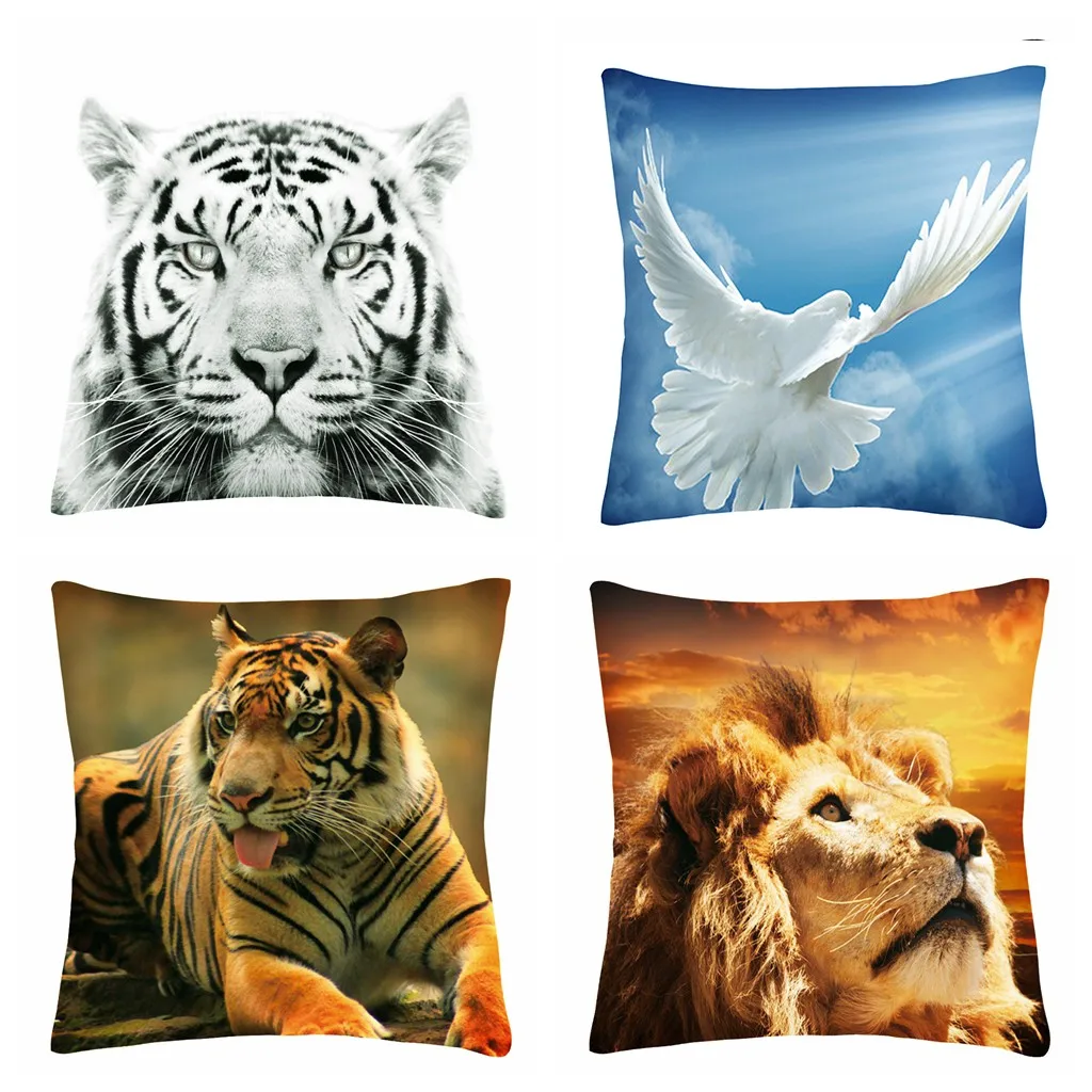 Wild Animals Theme Pillow Case Tiger Lion And Pigeon Prints Sofa Cushion Cover Home Decor Soft And Warm Pillow Shams