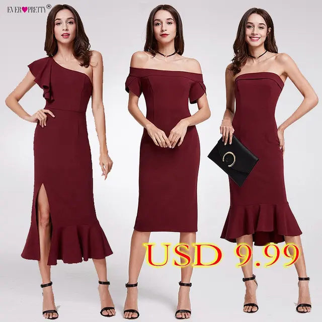 2018 Hot Sale Ever Pretty Elegant Burgundy Evening Dresses Tea-Length Split Simple Design EP07234BD Women Formal Evening Gowns 1