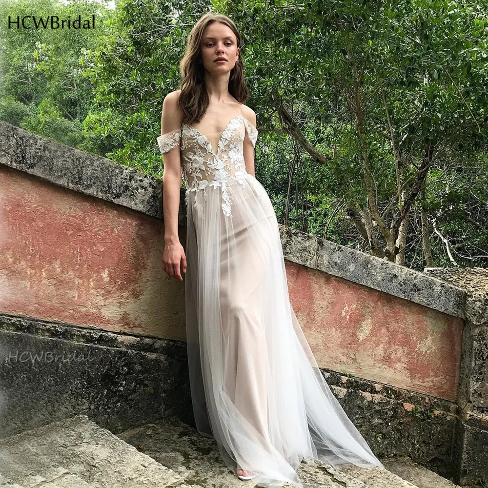 

Charming 2019 Tulle Wedding Dresses Off The Shoulder A Line Chic Lace Appliques Bridal Dress Custom Made Vestido De Noiva