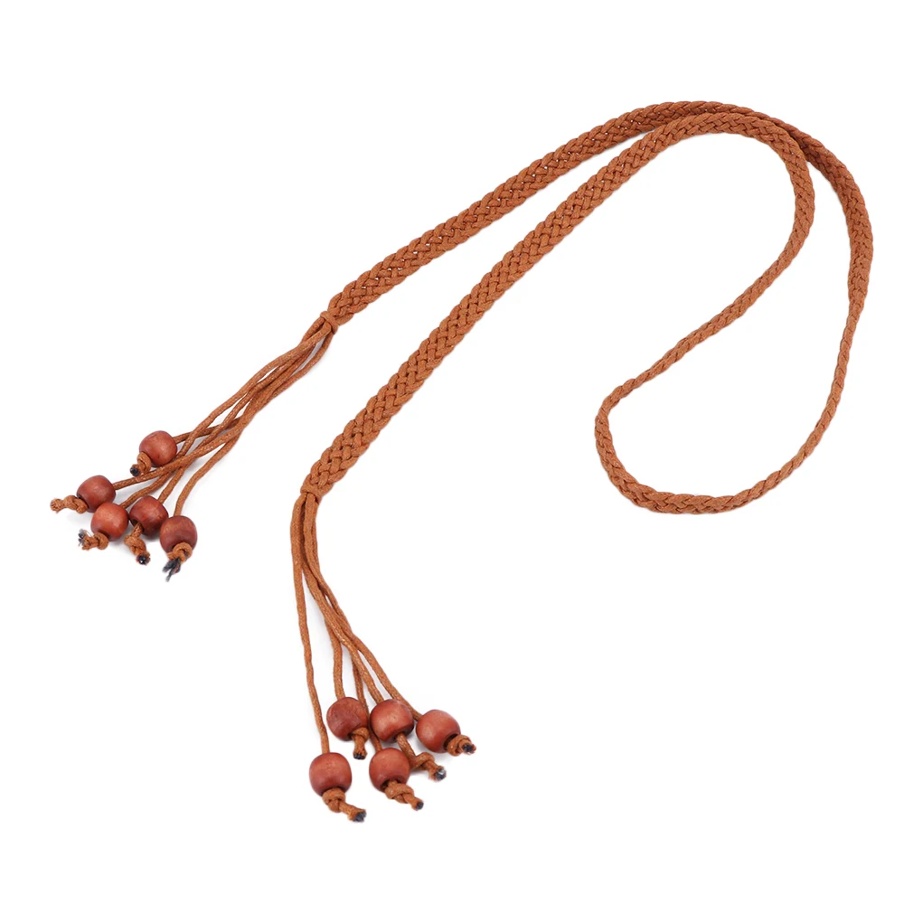 Braided Waist Belt Hanging Wooden Bead Tassels Belt Thin Waist Rope Lady Dress Belt Elegant