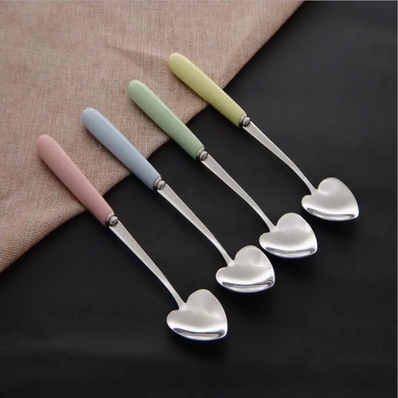 1pc stainless steel ceramic handle Coffee & Tea Spoon Love Heart Shaped
