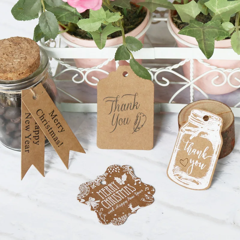 

50pcs Christmas Kraft Tags Merry Christmas Thank You Bottle Shape Gift Tags Xmas Bookmark Kraft Paper Label Message Card