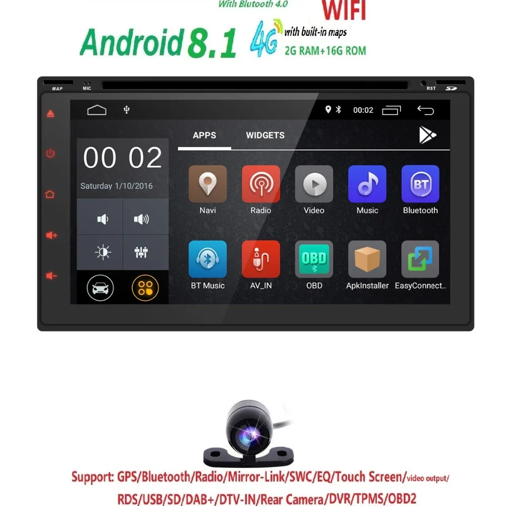 

2 din Universal Quad Core Android8.1 2G RAM 16G ROM Support 4G WIFI Mirror link Car DVD Radio player DVR DAB+ TPMS Free Camera