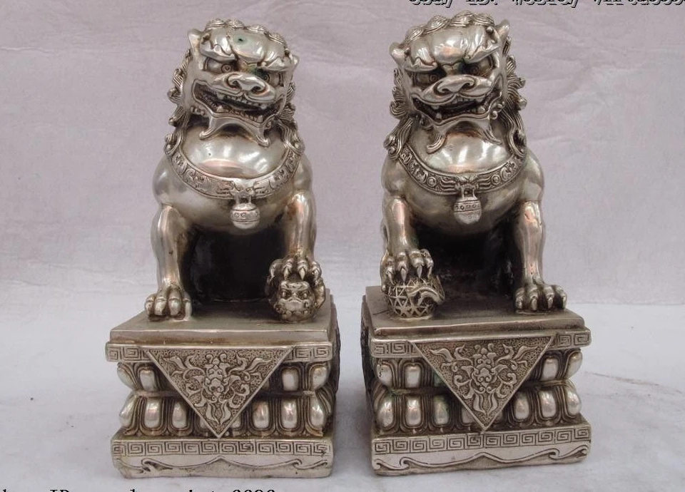 8.5 Chinese White Copper Silver Evil Feng Shui Fu Foo Dog Lion beast Statue pair | Дом и сад