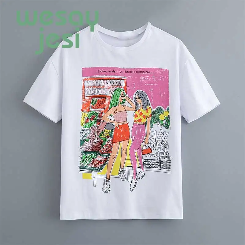 

2019 t-shirt women england style summer print cartoon regular cotton t shirt women tops plus size
