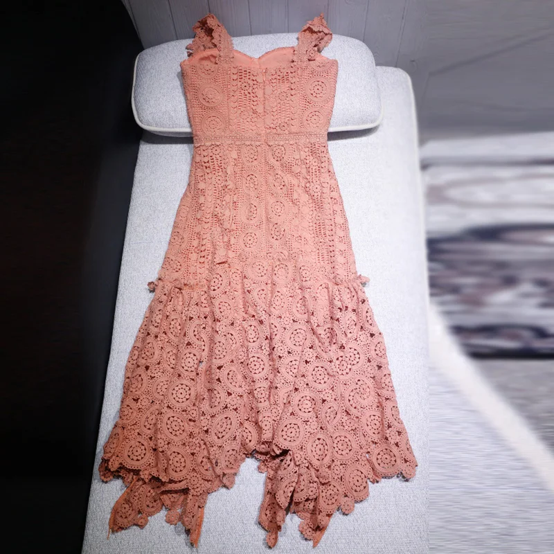 

Sexy pink hollow out strapless lace summer dress women 2018 irregular holiday beach dress high quality self portrait dress