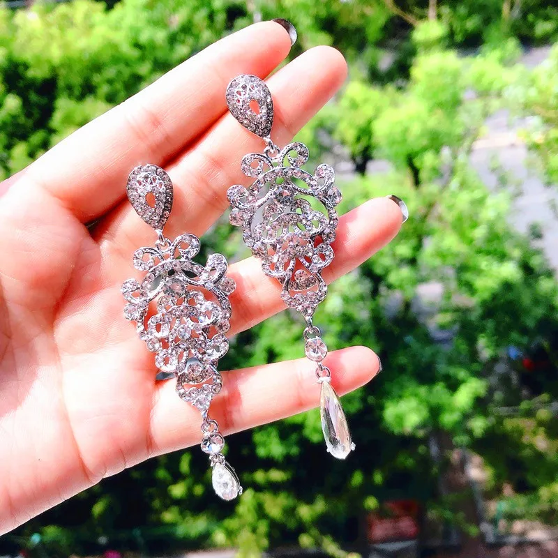 

Female Big Crystal White Water Drop Earrings Fashion 925 Silver Zircon Stone Earrings Vintage Long Dangle Earrings For Women