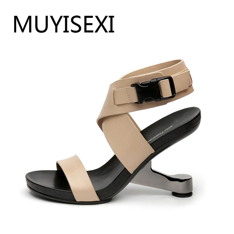 

Apricot Gladiator Sandals Women Metal Strange Heel Sexy Shoes Woman High Heels Women Sandals Black L019 MUYISEXI
