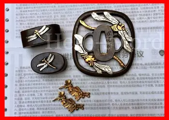 

SIGNED JAPANESE SAMURAI SWORD Accessory Copper Katana fitting Tsuba Set/Dragonfly Theme