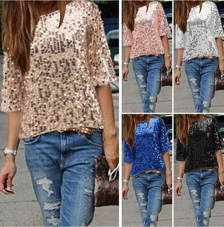 2017 New Women Casual Basic Summer Sequins Sexy T-shirt Top Tee Shirt Solid short sleeves blusas O-neck Large Size 2017 New Women Casual Basic Summer Sequins Sexy T-shirt Top Tee Shirt Solid short sleeves blusas O-neck Large Size