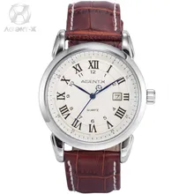 AGENTX Brand Watch Roman & Arabic Numerals Silver White Date Quartz Men’s Gents Gift Brown Leather Band Wrist Watches / AGX133