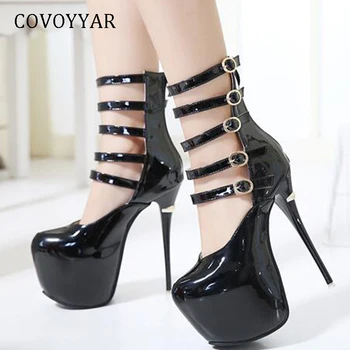 

COVOYYAR 2019 16cm Extreme High Heels Sexy Platform Lady Pumps Stiletto Buckles Black/Red Gladiator Shoes for Party WHH697