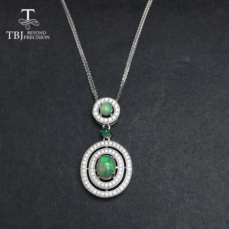 

TBJ,100% natural opal & emerald gemstone pendant with chains in 925 sterling silver ,fine jewelry for women gift with box