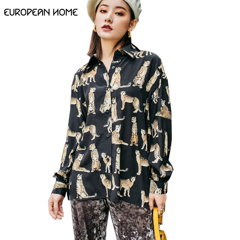New Original 2019 Spring Shirt Women Blouses Plus size Long-sleeved Retro Loose Leopard Print Cold black Fashion Ladies tops |