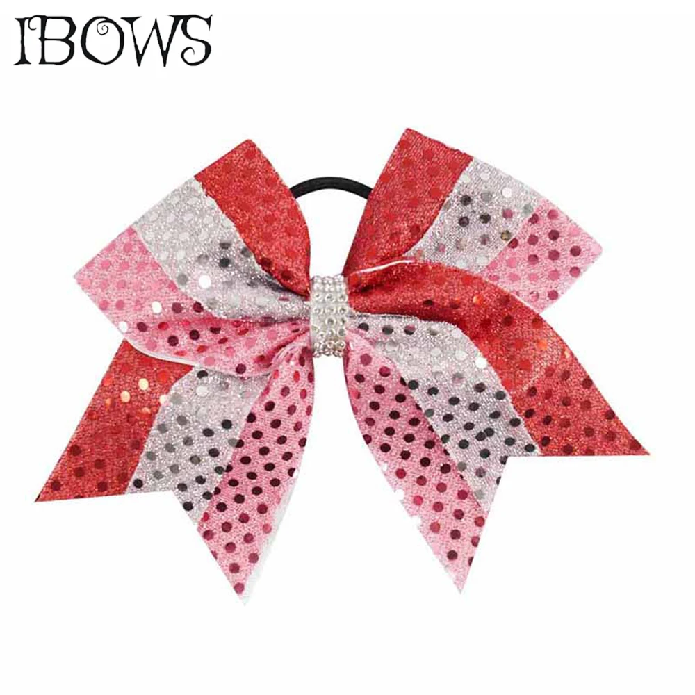 7'' Boutique Sequin Ribbon Cheer Bows With Rubber Bands Bling Cheerleading Hair Bow For Girls