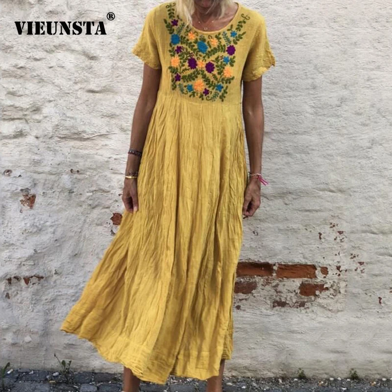 

VIEUNSTA 5XL Casual Floral Print O Neck Party Dress Women Summer Short Sleeve Beach Dress Sexy Plus Size Maxi Long Dress Vestido