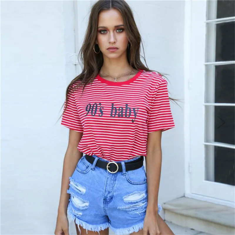

90's Baby Letter Printing Stripe Red T Shirts Women Fashion Cotton Soft Short Sleeve Summer Top High Street Camisa Feminina 2018