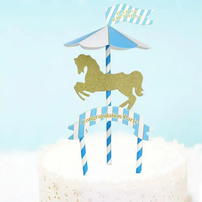 10 Sets Carousel Theme Cake Topper Card Children Birthday Full