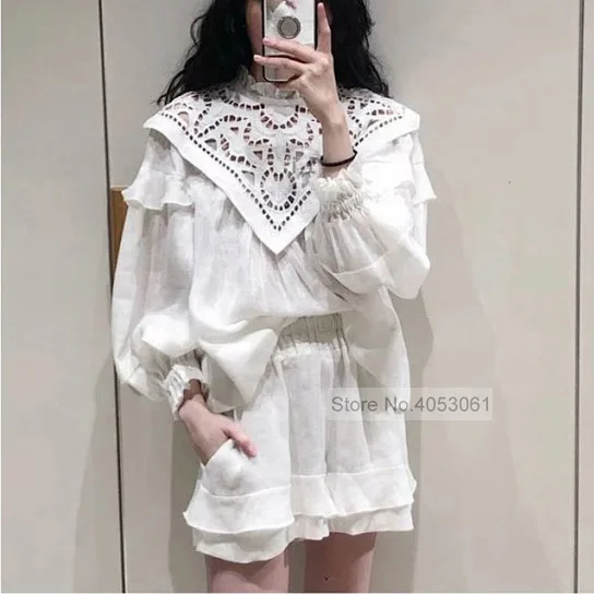 

Cotton 100% Black/White Hollow Out Embroidery Patchwork Top - 2019ss Ladies Stylish Blouse Top