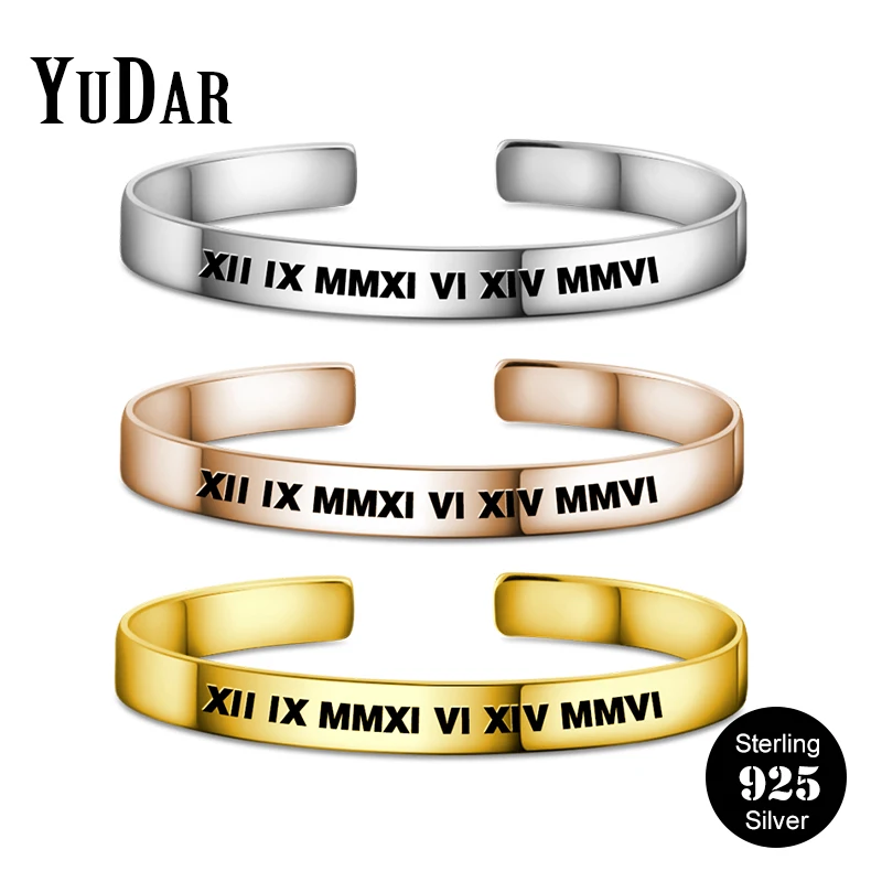 

Personalized 925 Sterling Silver Engravable Roma Numeral Bangle Cuff 925 Silver 7.8mm Wide Customized Bangle Gifts YDS-1108