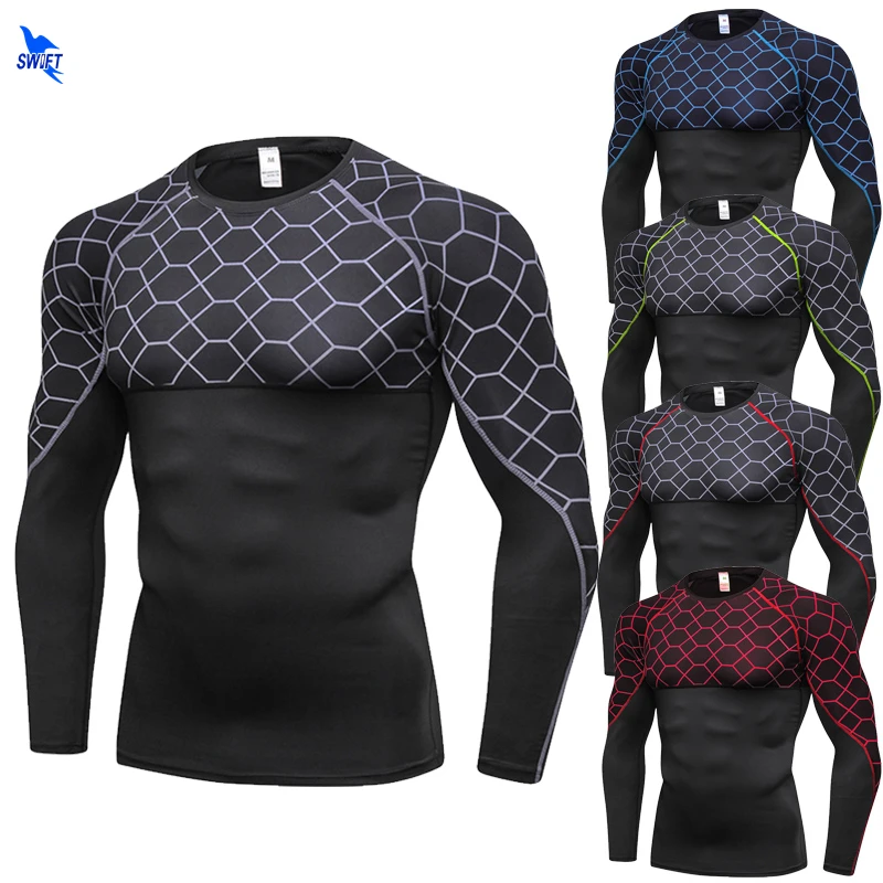 Grid Printed Men's Compression Fitness Shirts Base Layer Long Sleeve Tight Sports T-Shirt Running Gym Rashguard Sportswear Tops | Спорт и