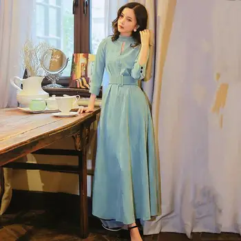 

Women 2019 Autumn Winter Elegant Vintage Long Shirt Dress Female Solid Long Sleeve Dress Ladies High Waist Dress With Belt V491