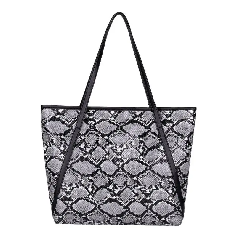 Ladies Fashion Female Big Snake Print Shoulder Handbags Women Large Capacity Top-handle Bags Casual Shopping PU Leather Totes - Цвет: Серый