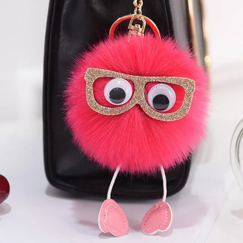 

Faux Rabbit Fur Ball PomPom Key Chain Hot Sale Soft Cute Glasses Car Pendant Handbag Key Ring For Women 6C2917