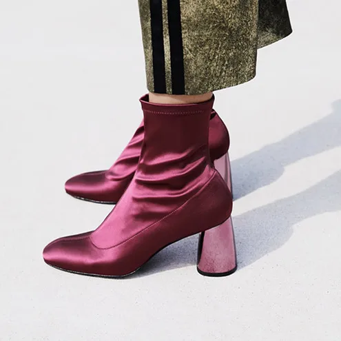 

New Color Women Sock Boots Square Toe Autumn Bota Feminina Shoes Woman Stretch Fabric Chunky High Heels Ladies Boot Shoes