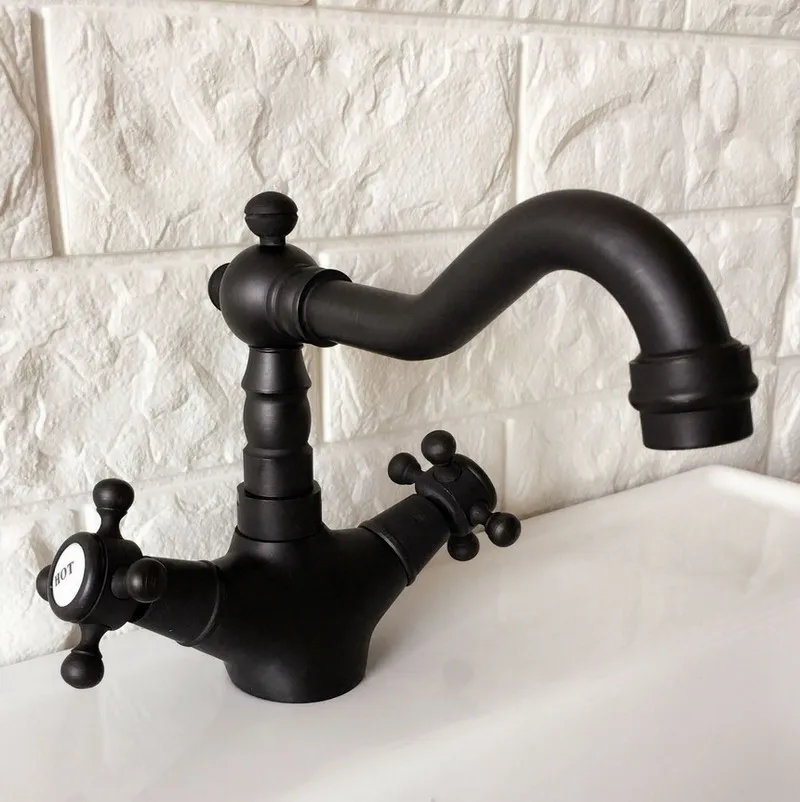 Black Oil Rubbed Brass Dual Cross Handles One Hole Bathroom Kitchen Basin Sink Faucet Mixer Tap Swivel Spout Deck Mounted mnf348