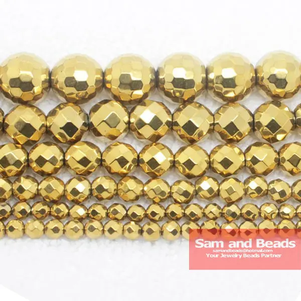 

Free Shipping Natural Stone Faceted Gold Hematite Beads 4 6 8 10 MM 16" Per Strand Pick Size No.HB55