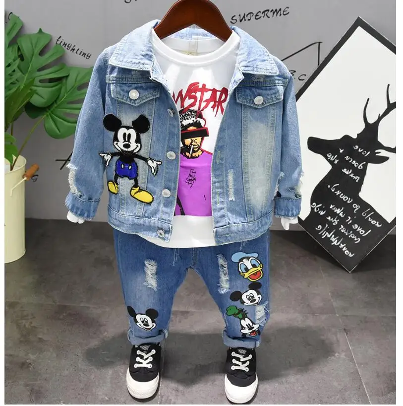 

Boy's jeans jacket spring and autumn boy's children's fashion thin jacket jacket + hole Mickey jeans suit
