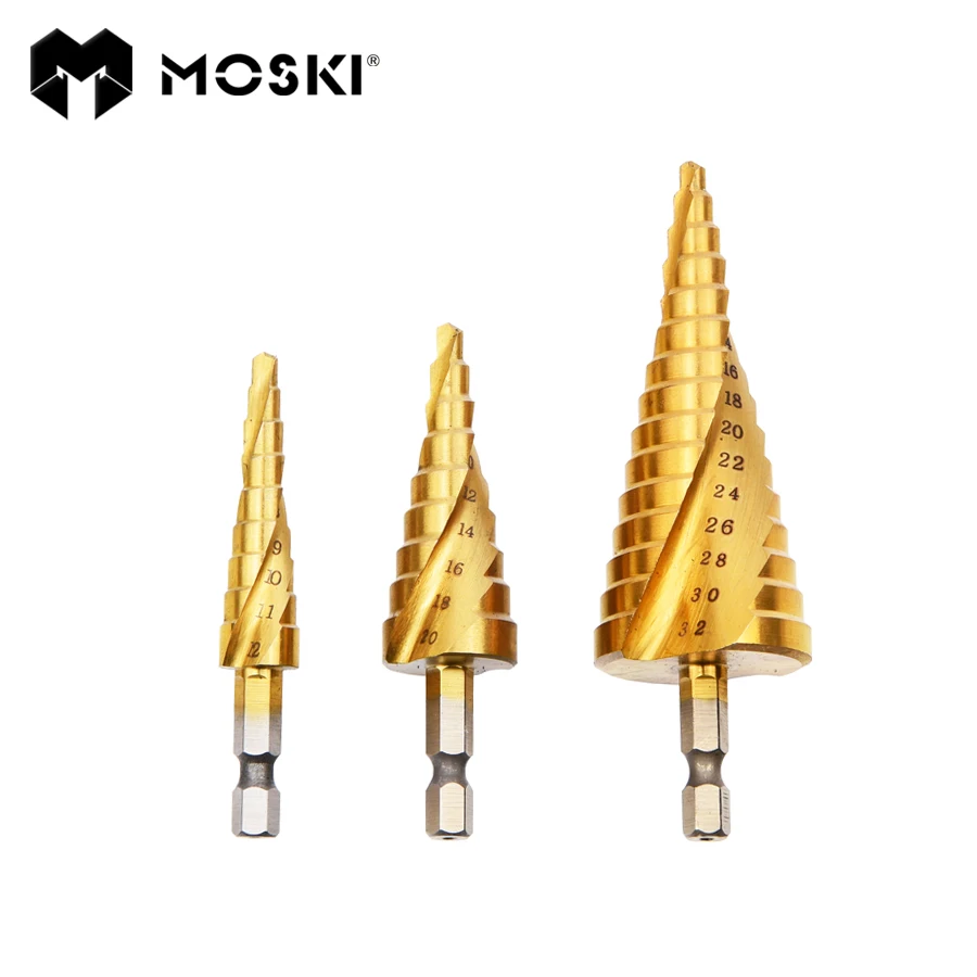 

MOSKI ,4-12/20/32mm HSS 3pcs ,Titanium Step Drill Bit,Solid Carbide Mini Drill Set , Spiral Center Step, Helical Groove
