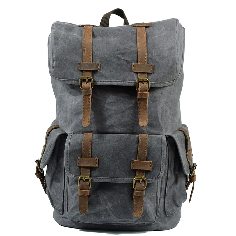 

2019 European and American waterproof wax Canvas Backpack Student Backpack large capacity outdoor mountain climbing shoulder bag