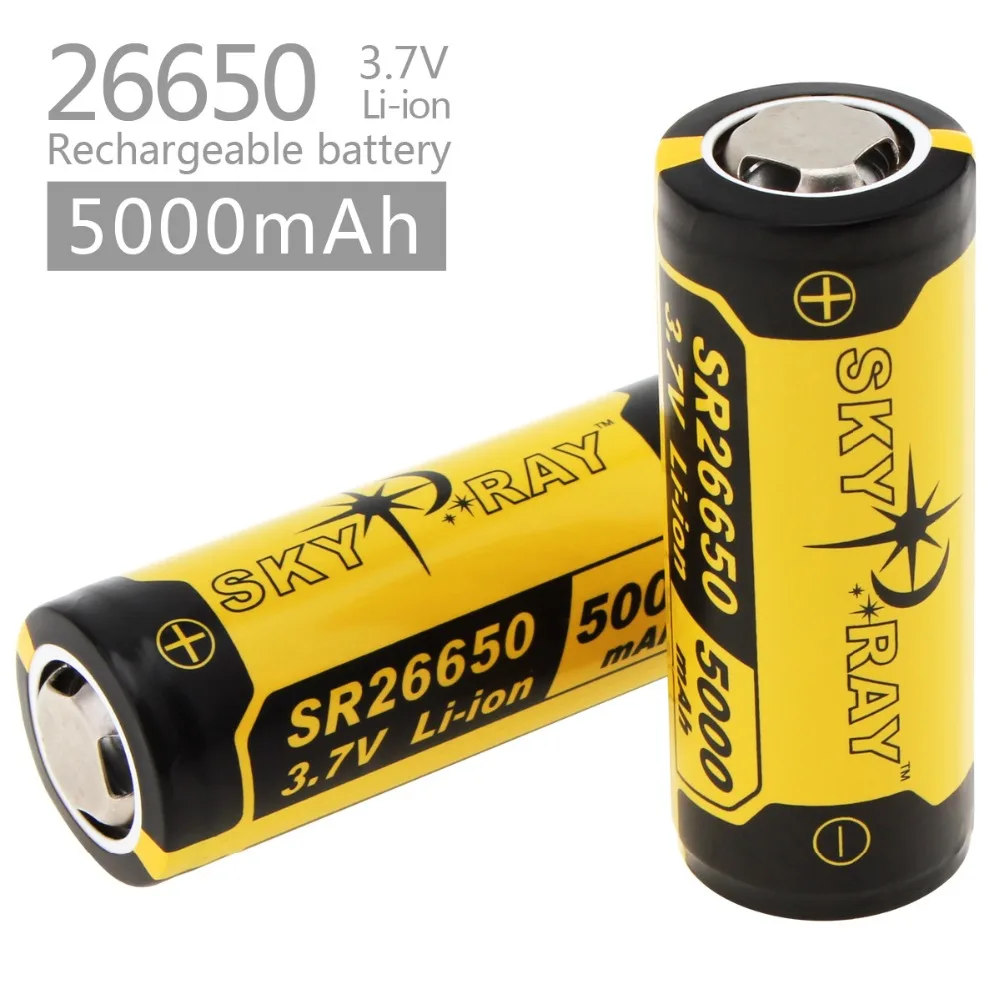 

2pcs Skyray 3.7V 5000mAh High Capacity 26650 Li-ion Rechargeable Battery with Protected PCB for LED Flashlights Headlamps